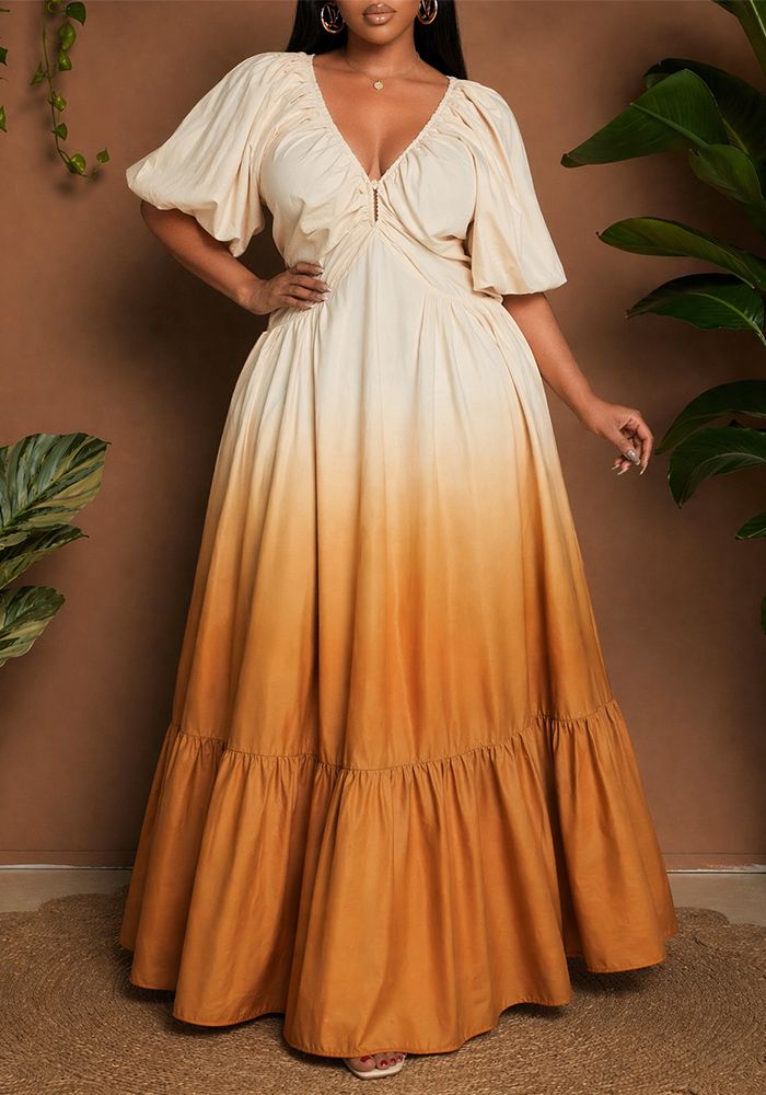 Robe de fête dégradée à manches bouffantes et décolleté en V pour femmes