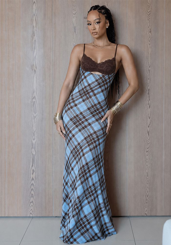 Robe à Bretelles en Patchwork à Carreaux et en Dentelle pour Femmes