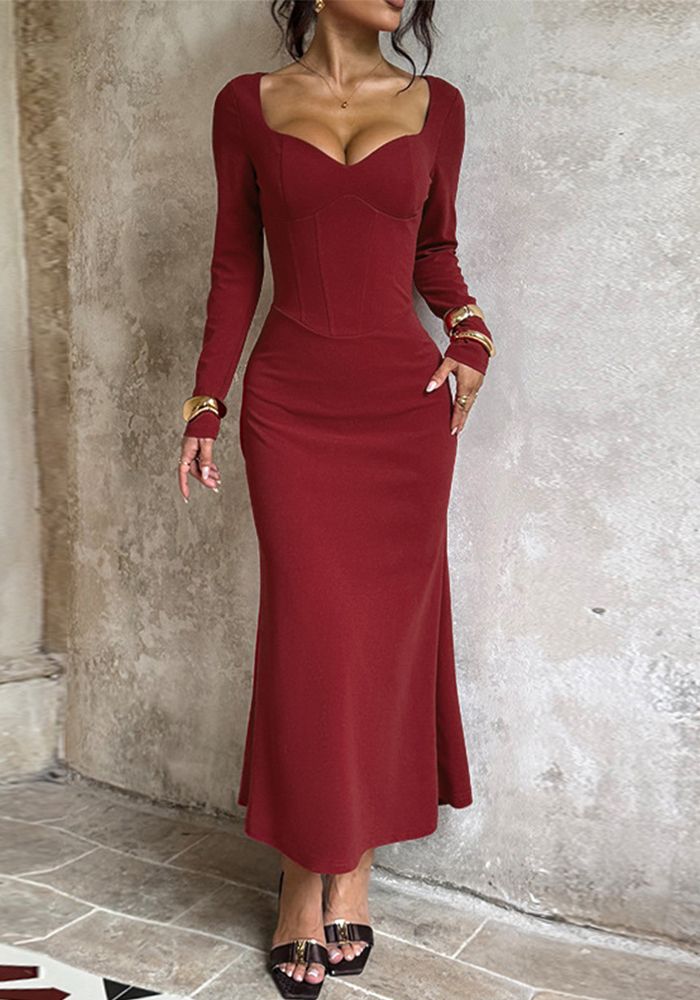 Robe Maxi Automne à Manches Longues avec Décolleté Coeur Cintrée à la Taille pour Femmes