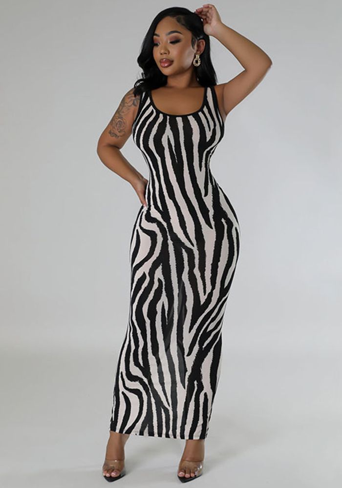 Robe Maxi Sans Manches Imprimé Zèbre Femme