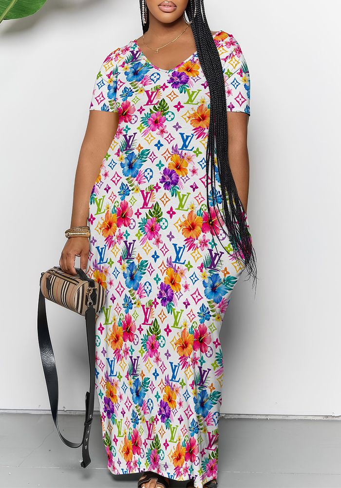 Robe maxi à manches courtes imprimée pour femmes avec poches