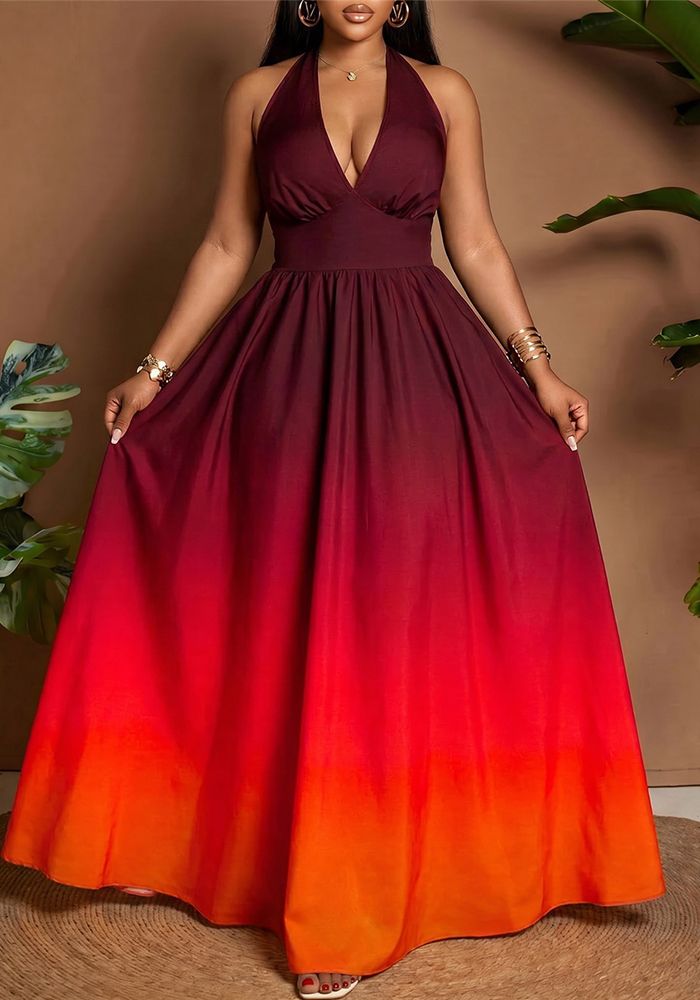 Robe de soirée femme à col halter et décolleté en V ombré