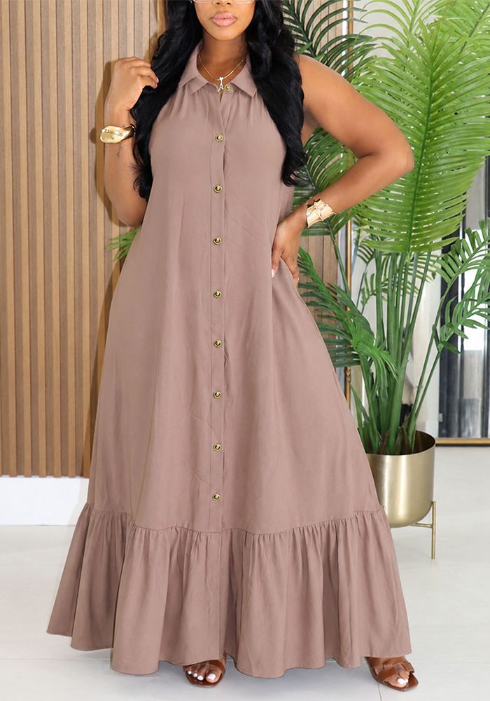 Robe Maxi Sans Manches à Col Rabattu à Volants pour Femmes - Été