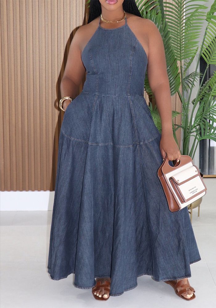 Robe Maxi Sans Manches en Jean Femme Printemps Été