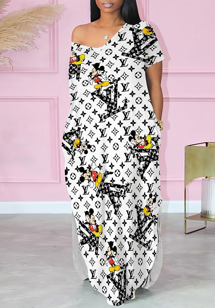 Robe maxi à imprimé femme à manches courtes, épaule dénudée et fente double