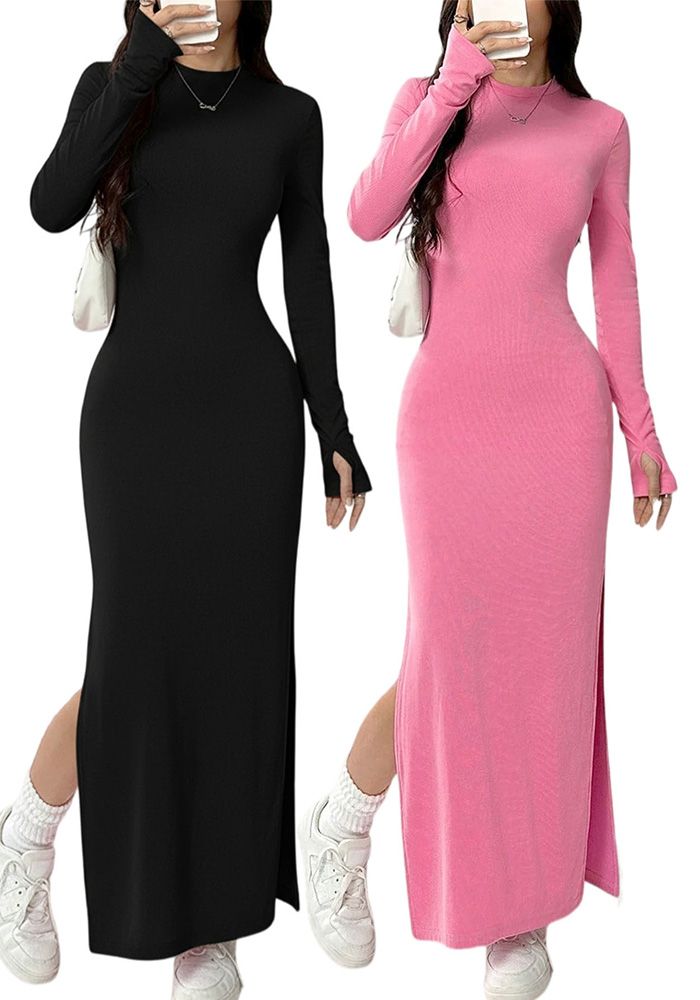 Robe moulante décontractée à manches longues unies pour femmes