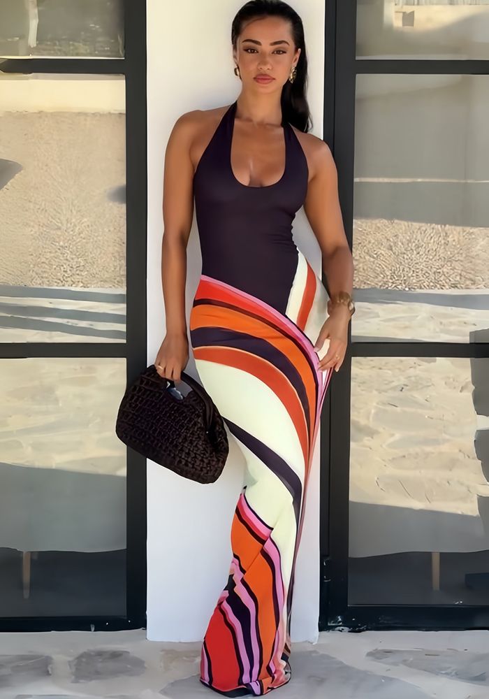 Robe Maxi Élégante d'Été pour Femmes avec Peinture à l'Huile Africaine pour les Vacances à la Plage