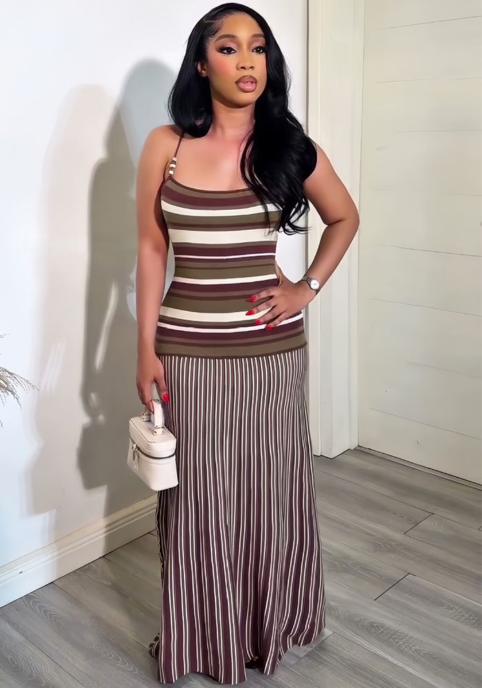 Robe à Bretelles ÉléGante Rayée Color Block Pour Femmes Été Africain