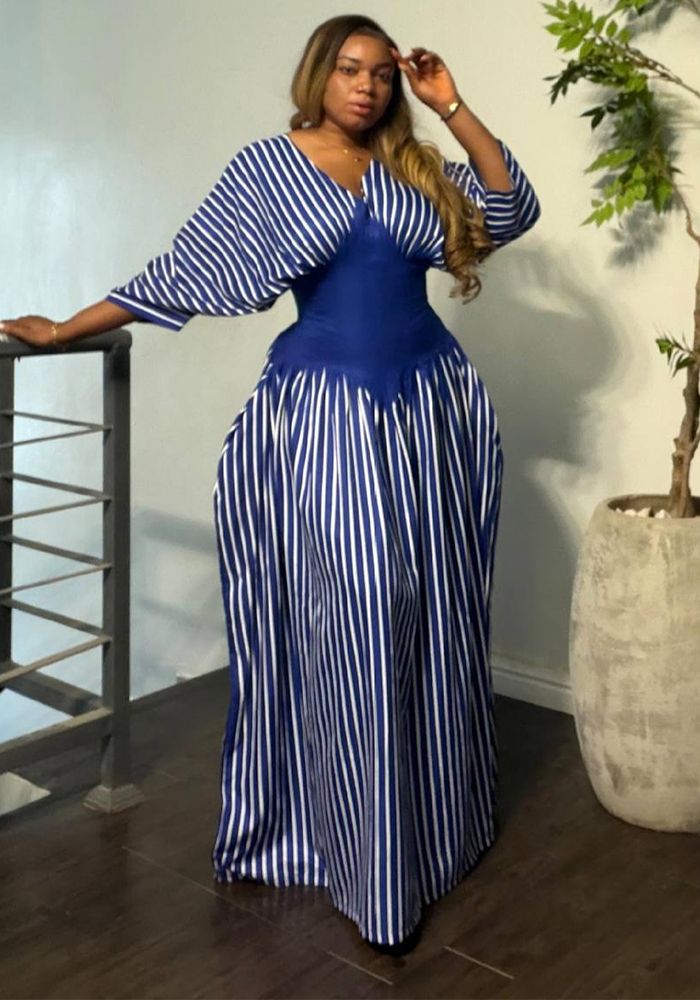 Robe de vacances à rayures africaines pour femmes printemps/été à col en V
