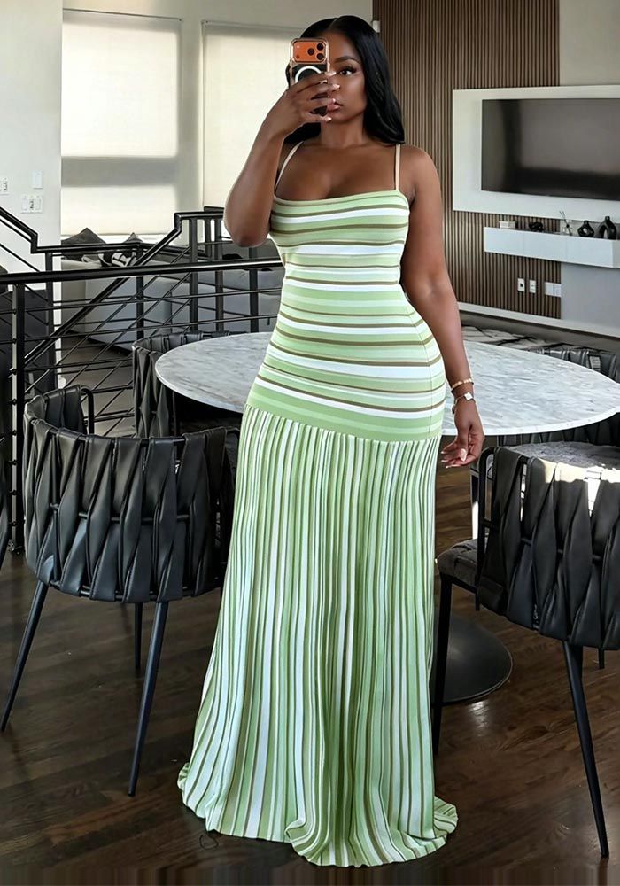 Robe Bodycon à Bretelles Spaghetti en Tricot à Rayures Color Block Printemps Été pour Femmes