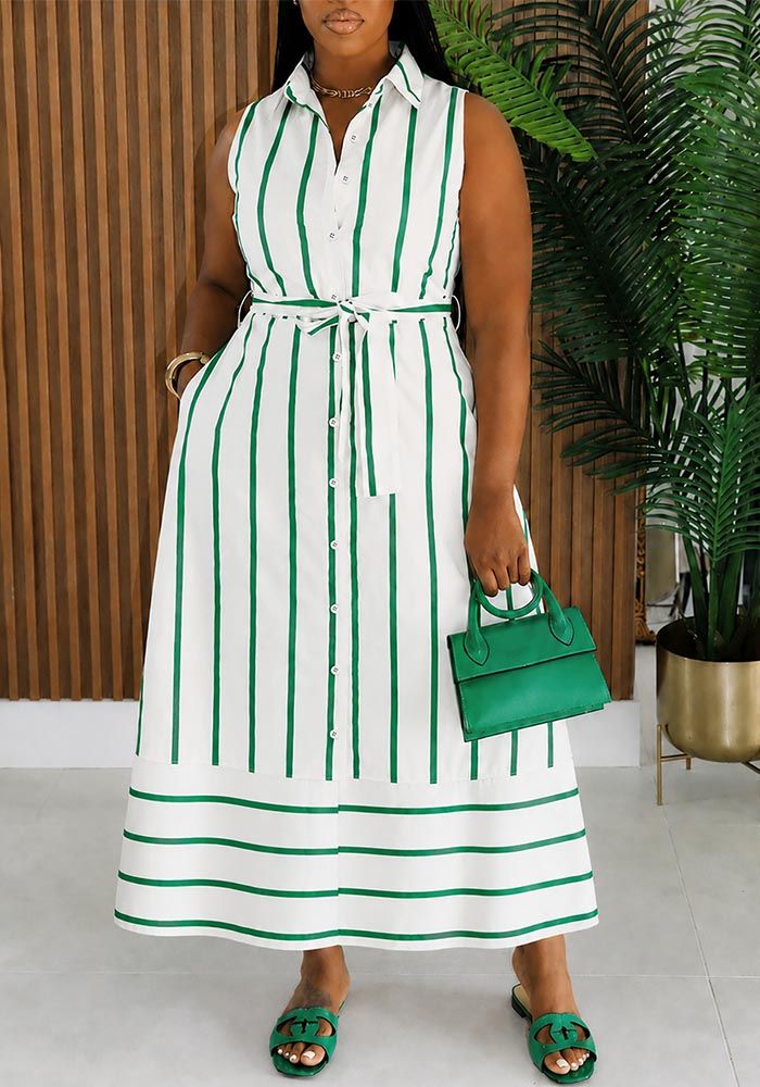 Robe Maxi à Col Rabattu Sans Manches à Rayures pour Femmes