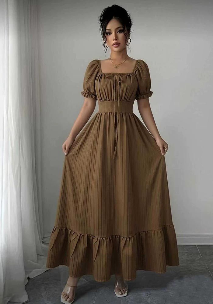 Robe de Soirée Femme à Encolure Carrée, Manches Bouffantes et Taille Ajustée