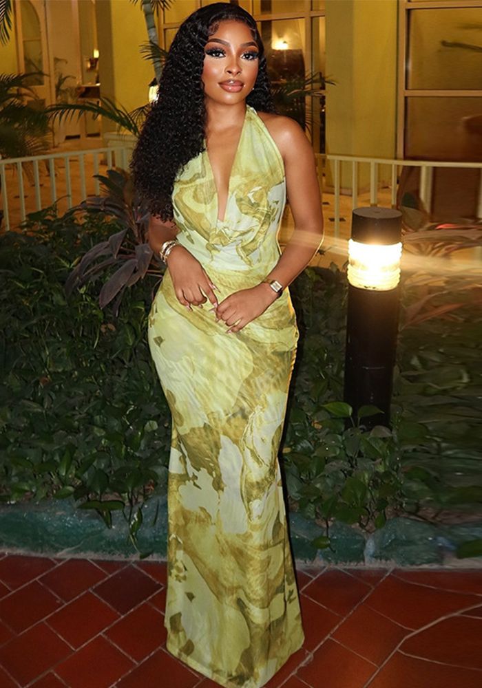 Robe Longue Élégante à Imprimé pour Femmes avec Col Halter et Décolleté en V Profond
