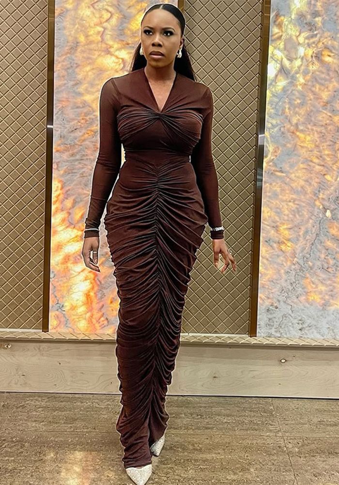 Robe Bodycon Longue à Manches Longues et Col V Chic pour Femme