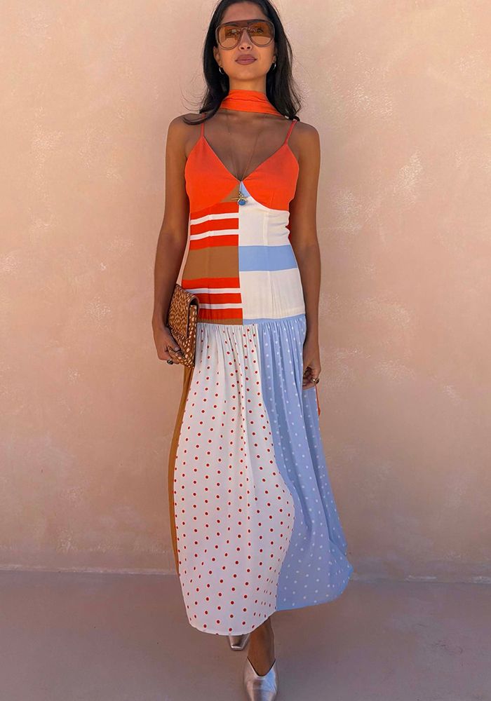 Robe Maxi à Bretelles à Pois et Patchwork en Contraste de Couleurs pour Femmes