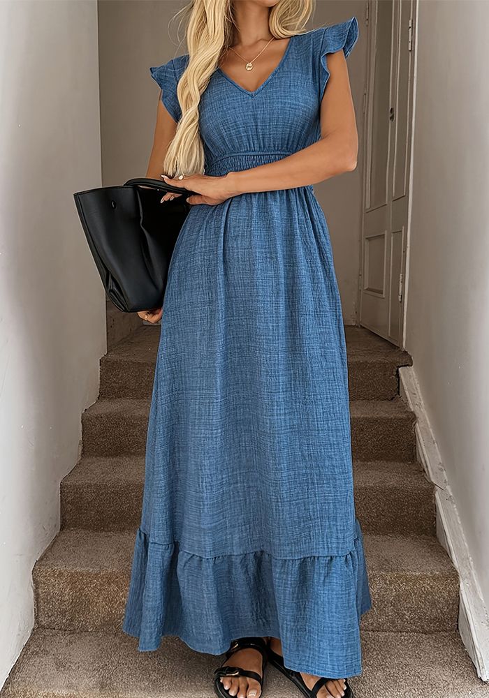 Robe Femme Bleu Clair à Encolure Carrée avec Volants Cascadants