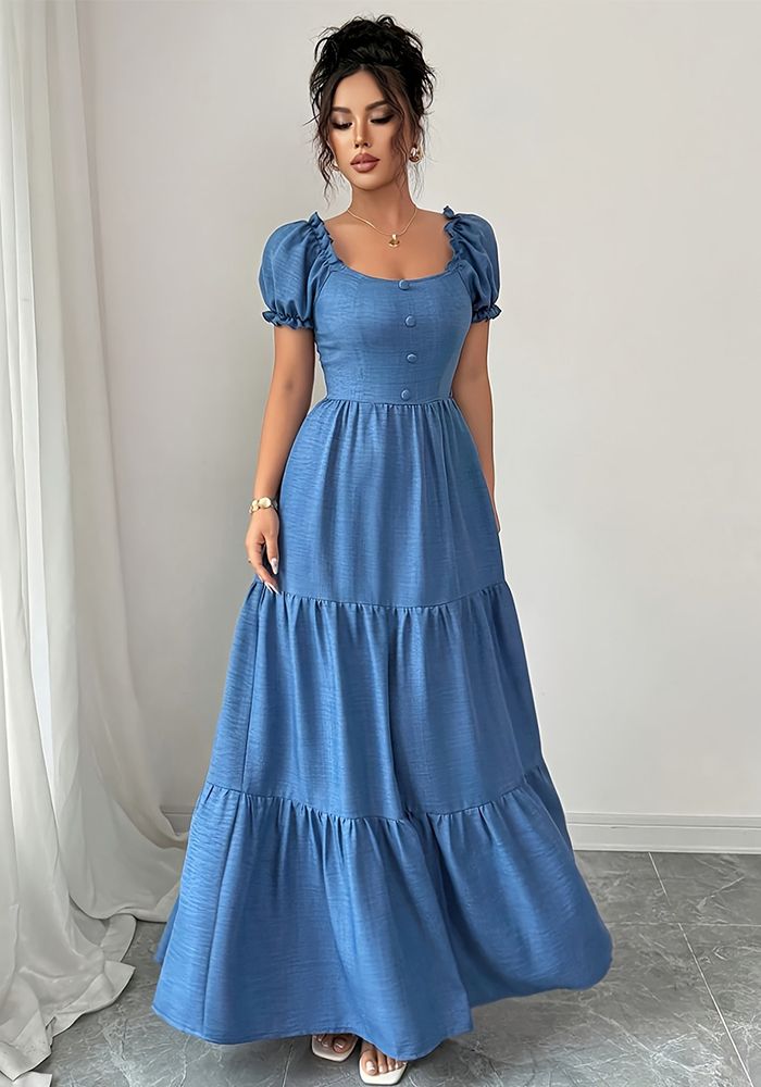 Robe Femme à Col Carré Français à Manches Bouffantes