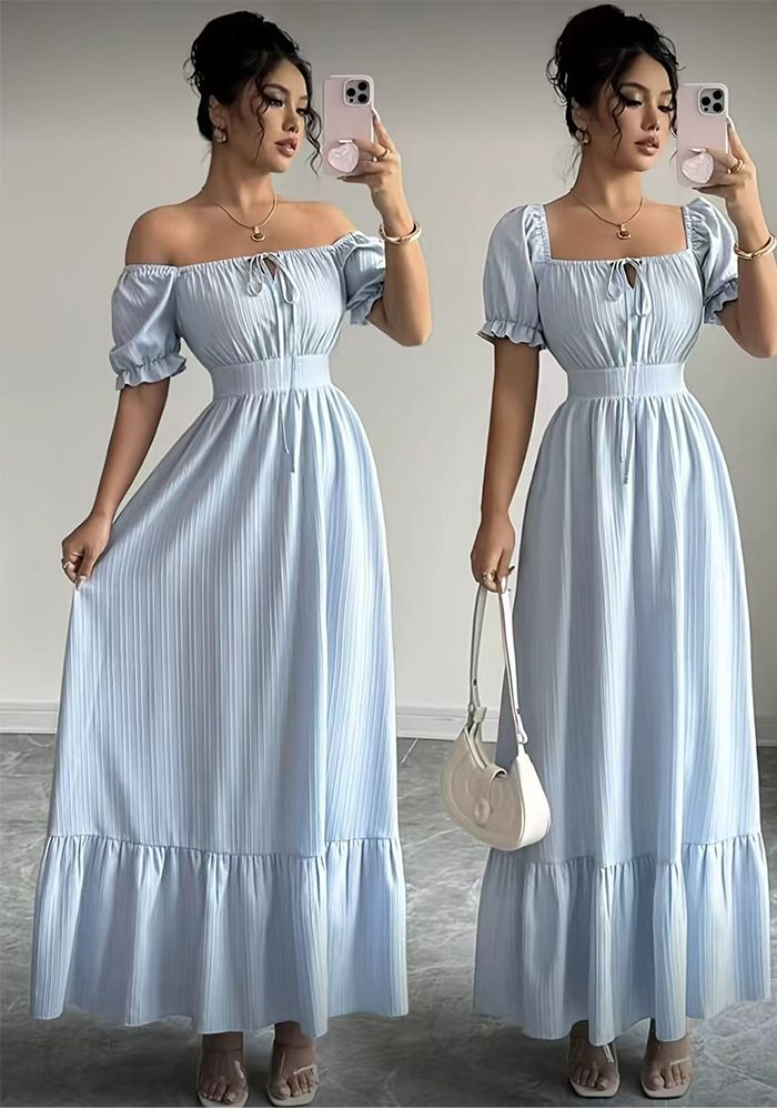 Robe Maxi d'Été Femme Bleu Clair à Col Carré avec Manches Bouffantes et Volants pour les Vacances à la Plage