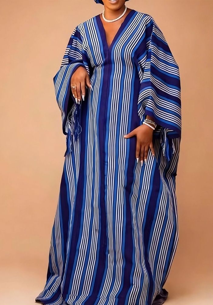 Robe d'été pour femmes en V à rayures africaines avec cordon de serrage et contraste de couleurs