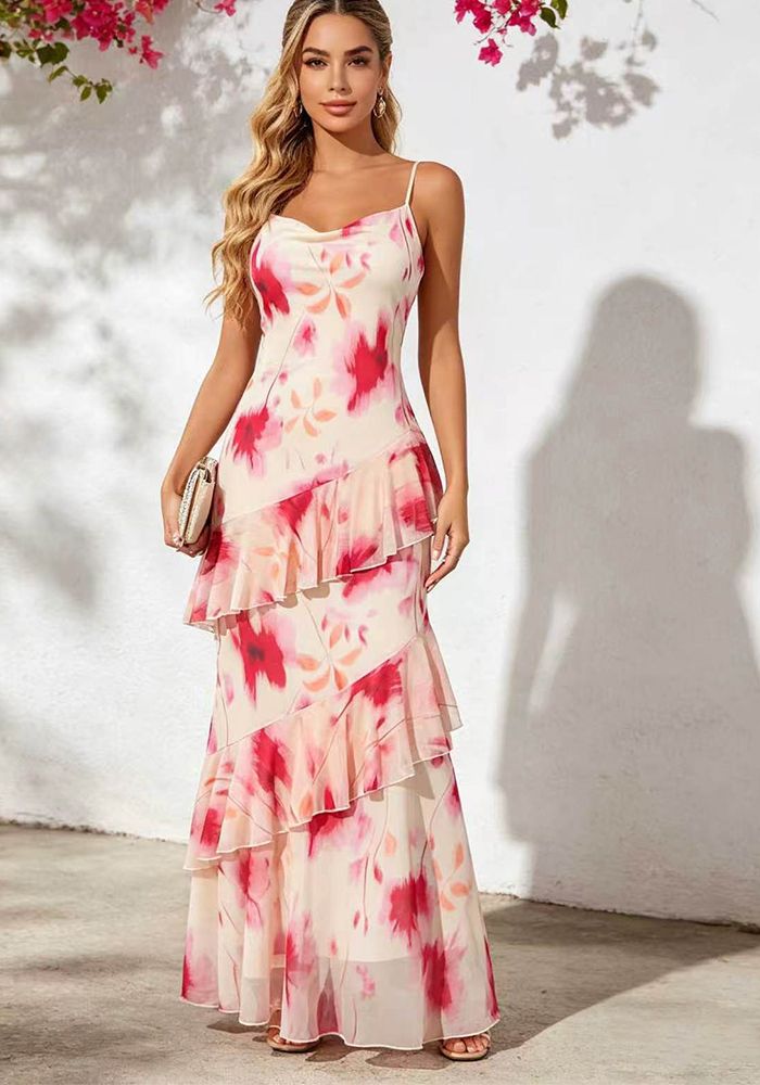 Robe d'été à fleurs pour femmes avec volants