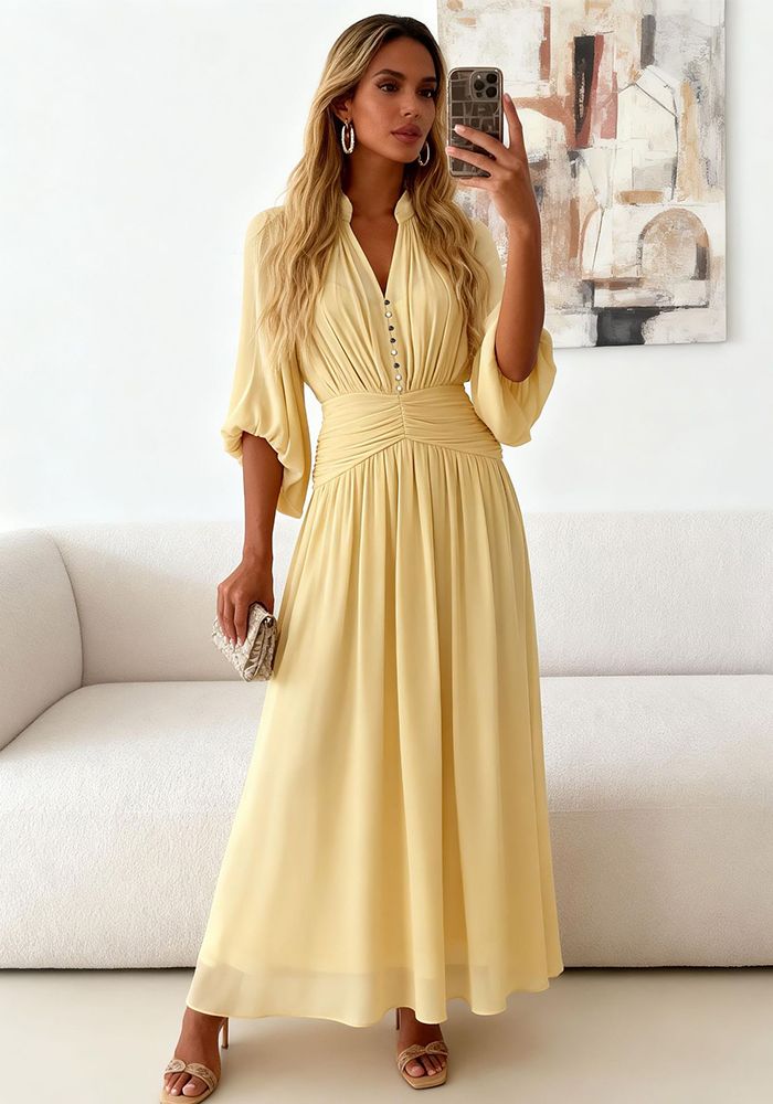 Robe Chic Mi-Longue à Manches Bouffantes et Décolleté en V pour Femmes