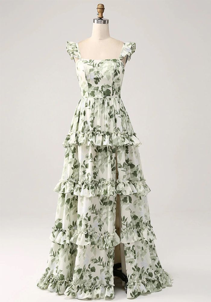 Robe de Soirée Femme Sans Bretelles à Fleurs avec Fente et Volants Cascadants