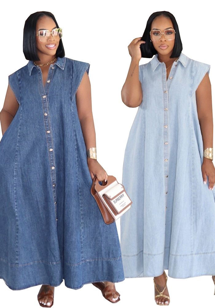 Robe Maxi en Jean à Col Rabattu et Poches pour Femmes en Été