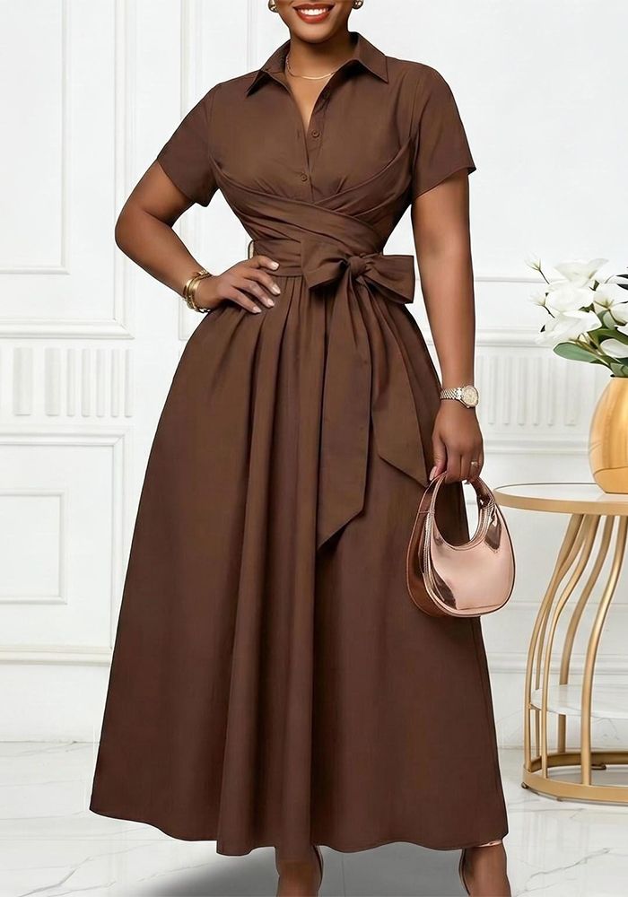 Robe Femme d'Été à Col Rabattu à Manches Courtes et Lacets, Couleur Unie, Taille Ajustée