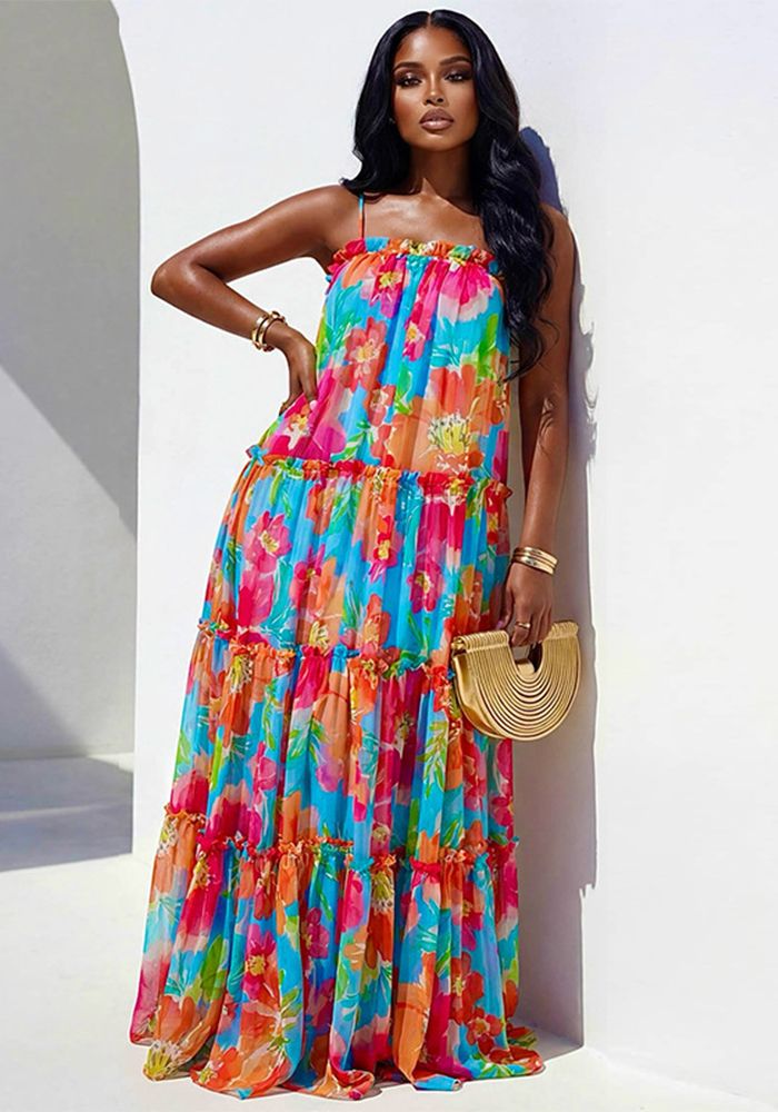 Robe d'été à bretelles pour femmes avec volants et imprimé lâche