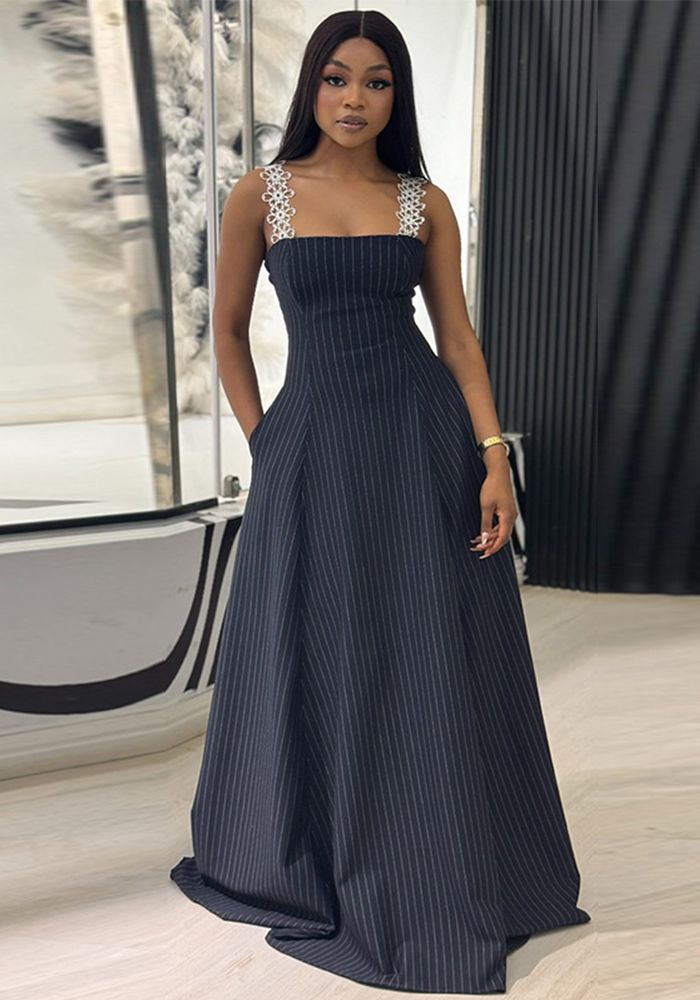 Robe A-ligne à Rayures avec Poches et Bretelles en Dentelle pour Femmes en Été