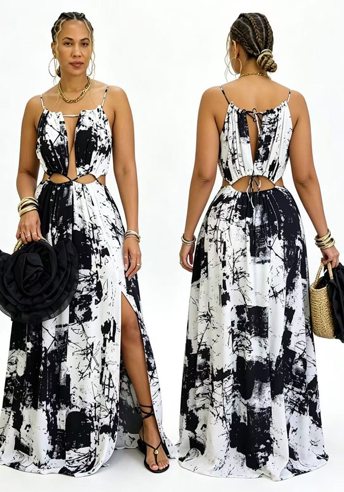 Robe Longue Imprimée Sans Manches à Dos Découpé pour Femmes