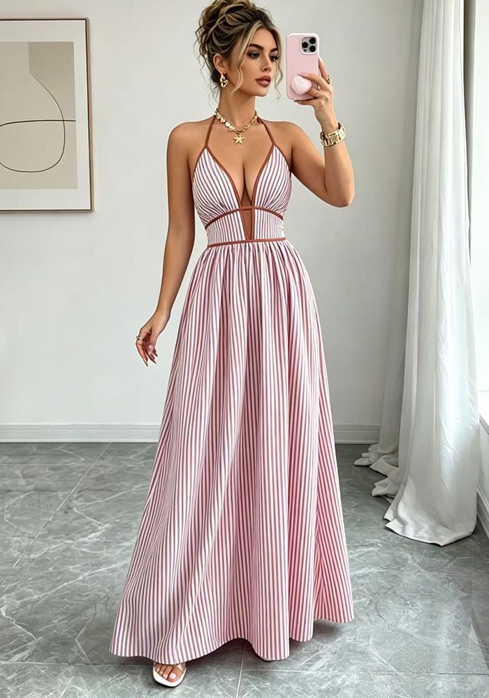 Robe Longue Femme Été Mode Décontractée Sans Manches Col Halter Taille Slim Rayée Colorblock