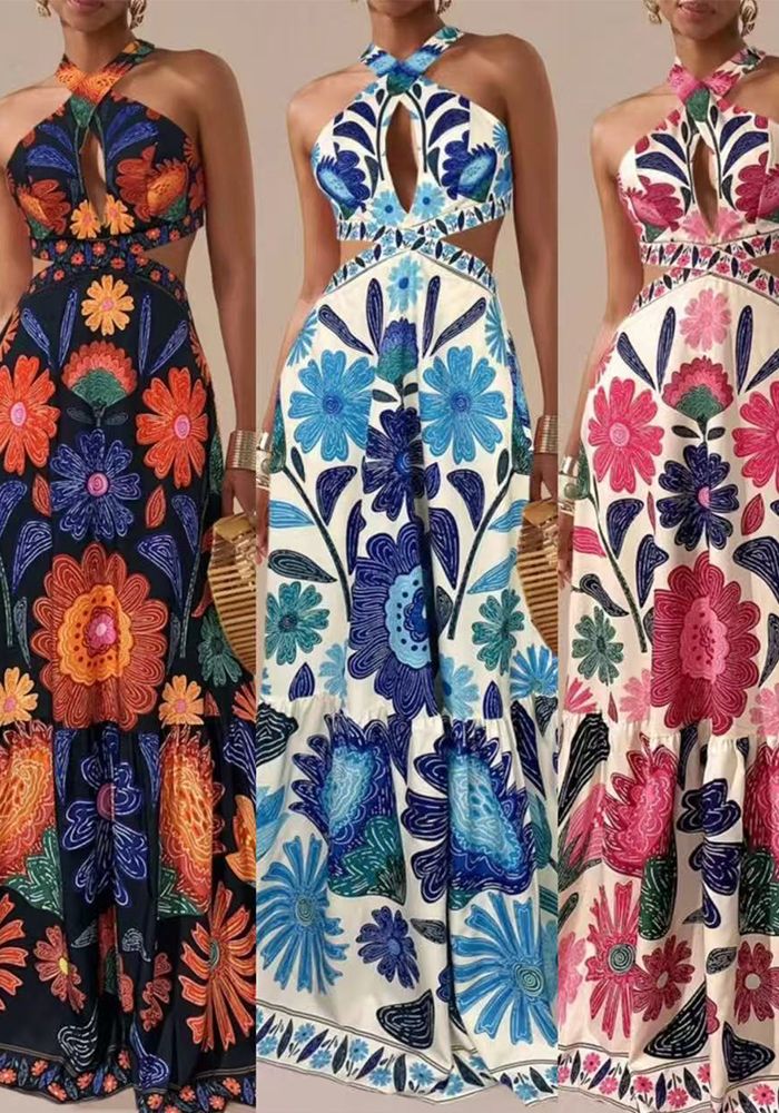 Robe Longue Bohémienne à Col Halter Imprimée pour Femmes d'Été