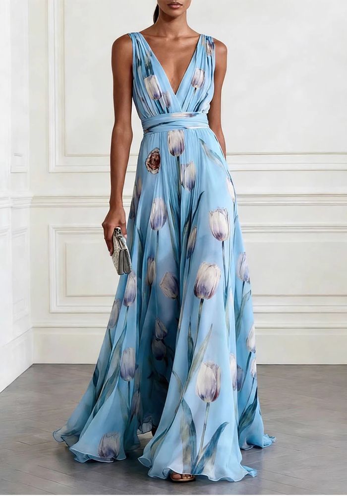 Robe Maxi Sans Manches à Imprimé Tulipe pour Femmes