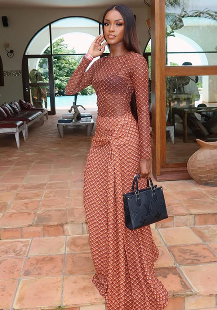Robe de vacances décontractée à manches longues en A ligne avec lacets et imprimé pour femmes