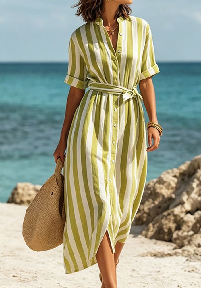 Robe Maxi Fendue à Rayures Françaises Ceinturée pour Femmes en Été