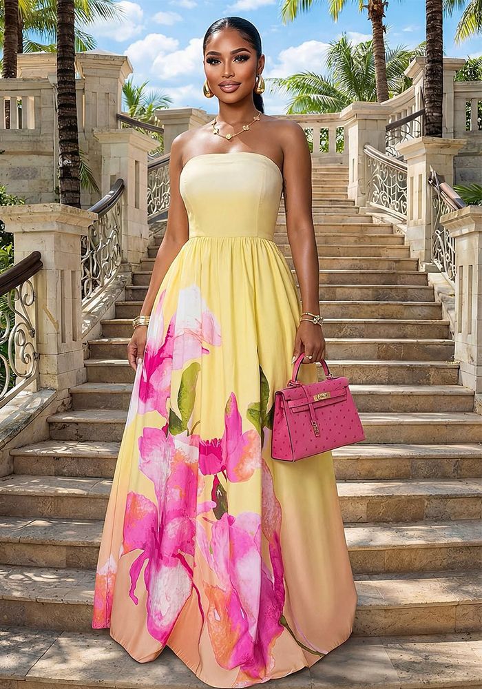 Robe de soirée estivale sans bretelles pour femmes imprimée froncée