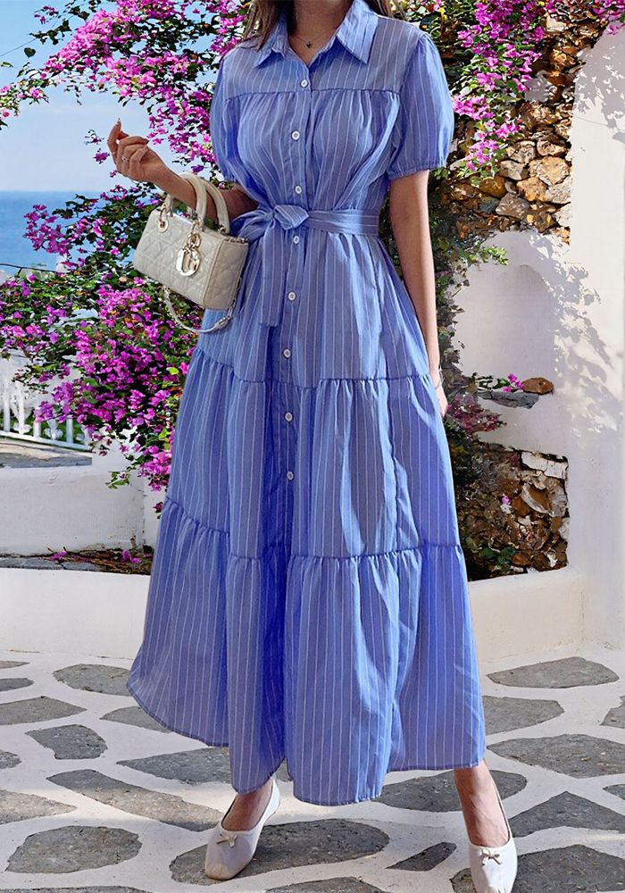 Robe Femme Grande Taille Chic Taille Fine Robe Chemise Bleue Élégante