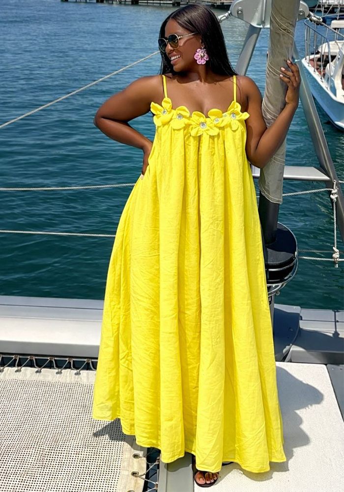 Robe Maxi Sans Manches à Bretelles Spaghetti Florale pour Femmes Africaines