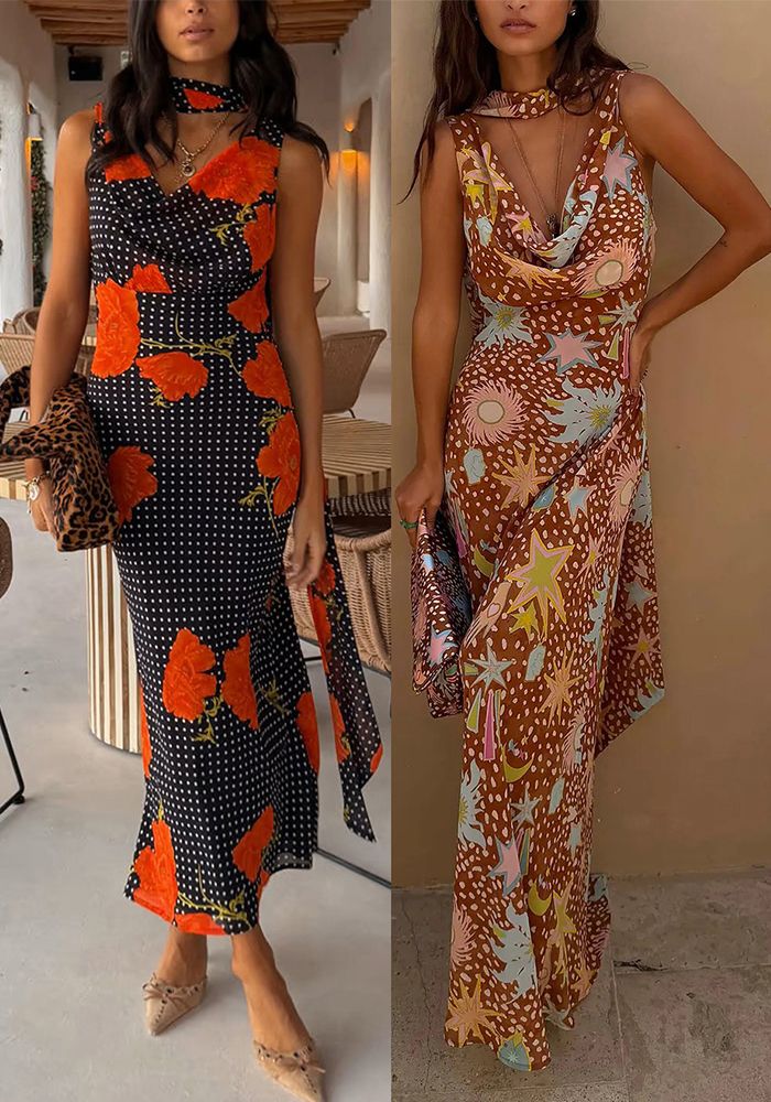 Robe Maxi Décontractée Imprimée à Ruban pour Femmes Printemps & Été