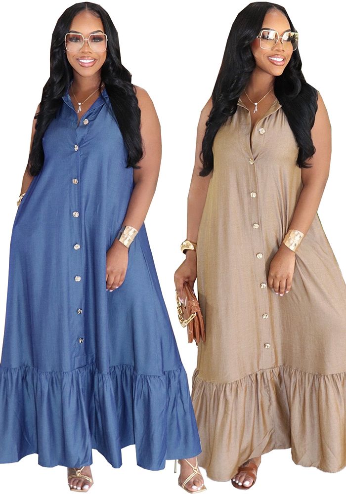 Robe sans manches décontractée à volants pour femmes avec col rabattu pour les vacances