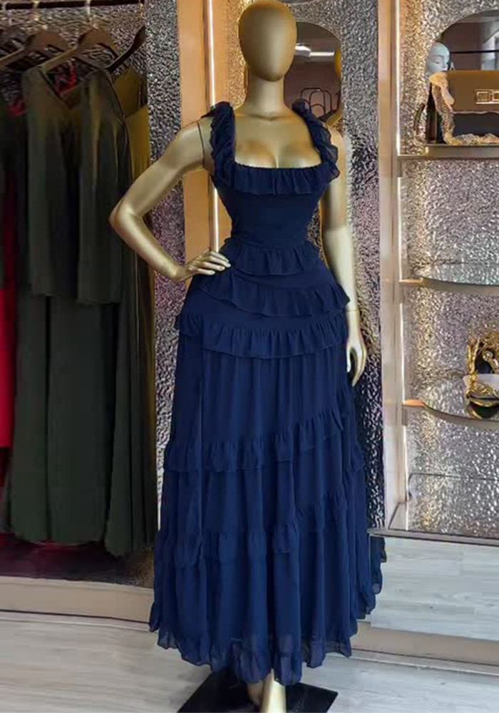 Robe d'été à encolure carrée et bretelles volantes pour femmes