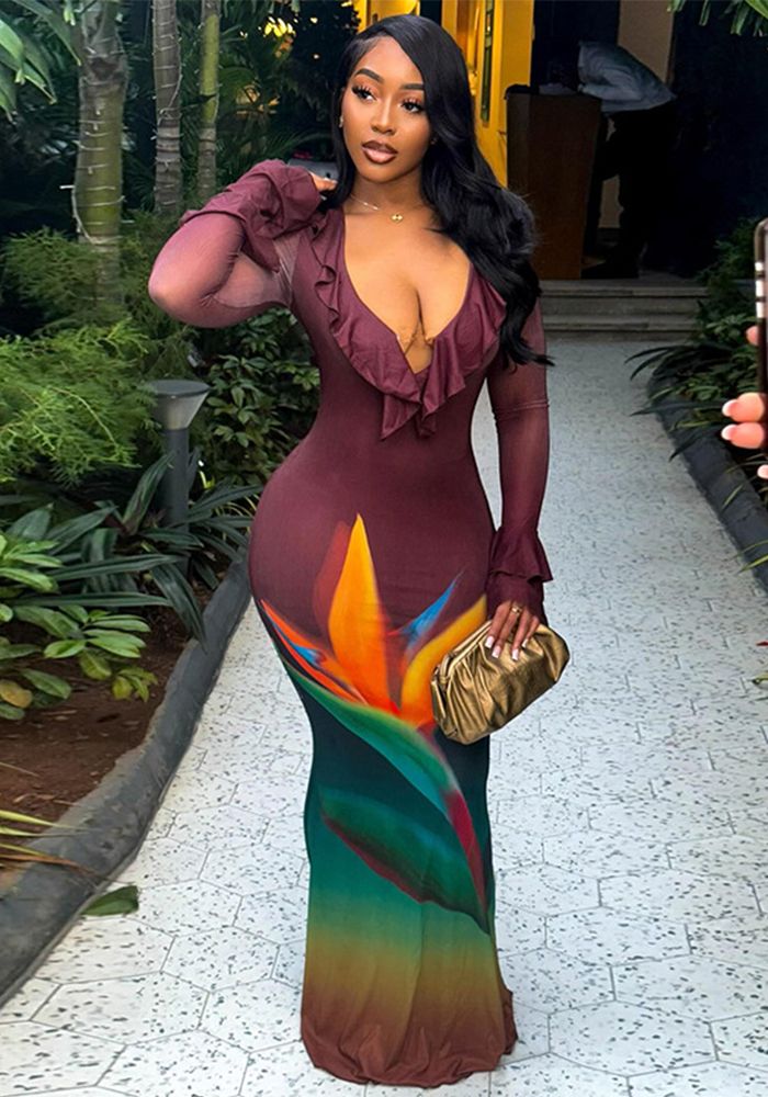 Robe Maxi Color Block V-Neck Bodycon Femme