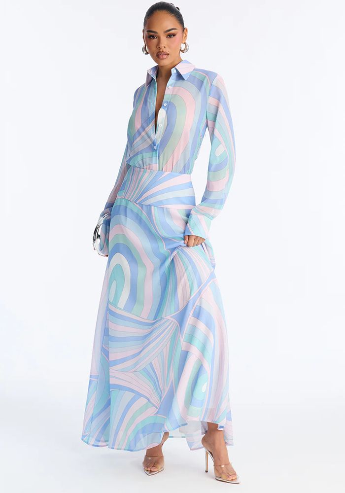 Robe Chemise Slim Taille Imprimée à Col Rabattu à Manches Longues pour Femmes - Tenue Décontractée (Délai de traitement de 3 à 6 jours)
