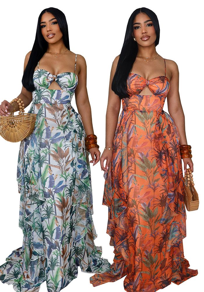 Robe Maxi de Plage Vacances Femme Boho Imprimé Feuilles Printemps Été