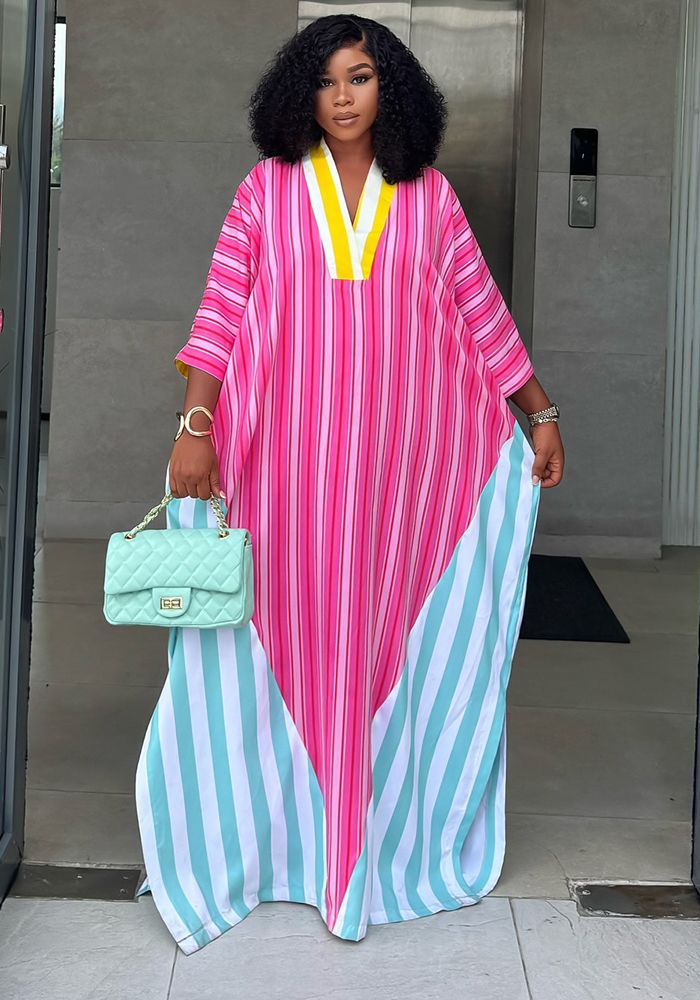 Robe Maxi Rayée V-Neck Printanière pour Femmes