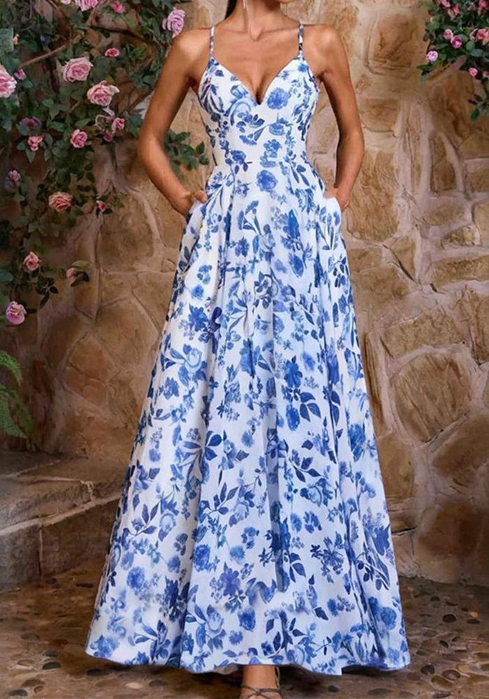Robe Formelle à Bretelles Slim Imprimée pour Femmes Printemps