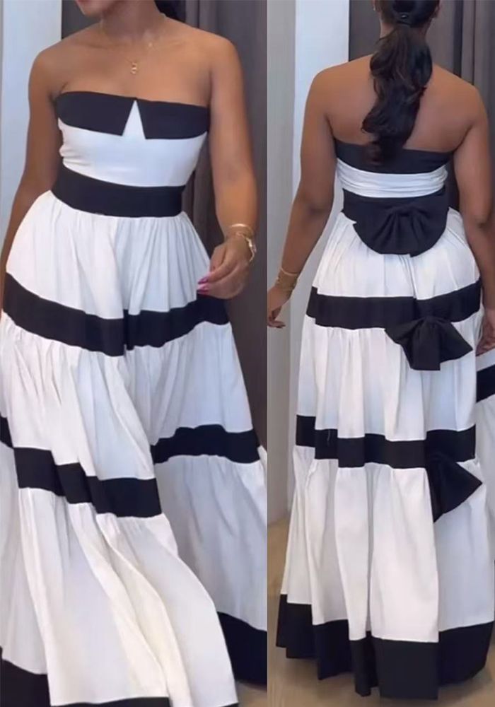 Robe Colorblock à Rayures et Nœud en Patchwork pour Femmes en Été