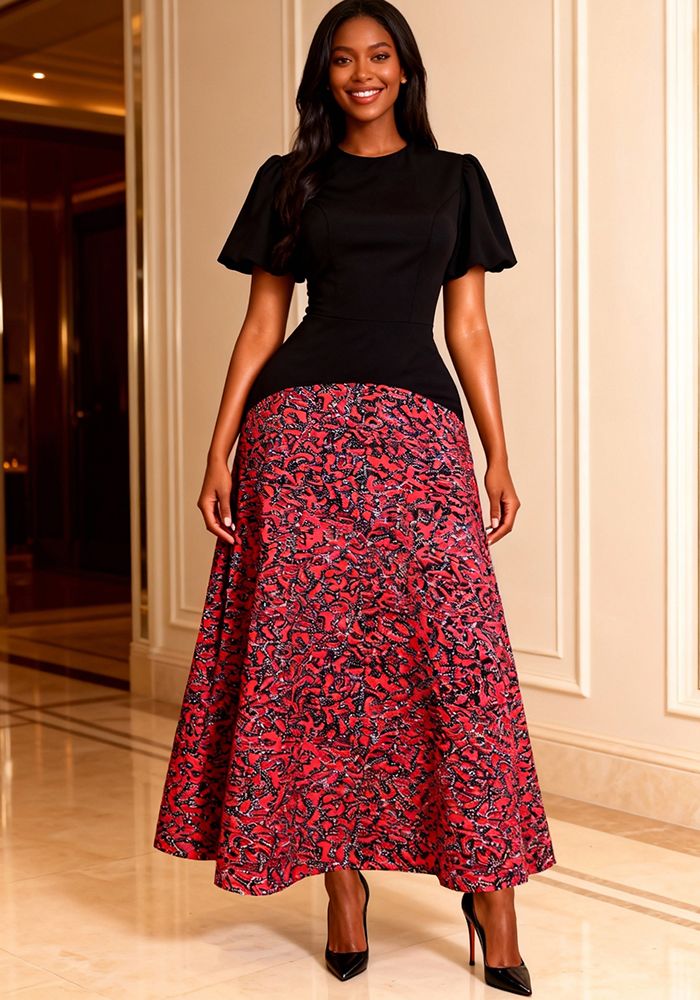 Robe Maxi Chic Slim à Manches Bouffantes Imprimée en Patchwork Contrasté Africain pour Femmes