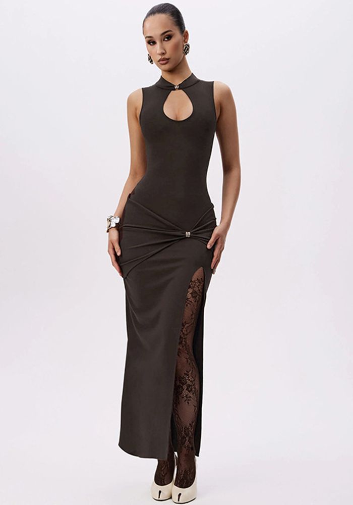 Robe Bodycon à Encolure Mi-Haute Sans Manches avec Boucle Métallique pour Femmes Printemps